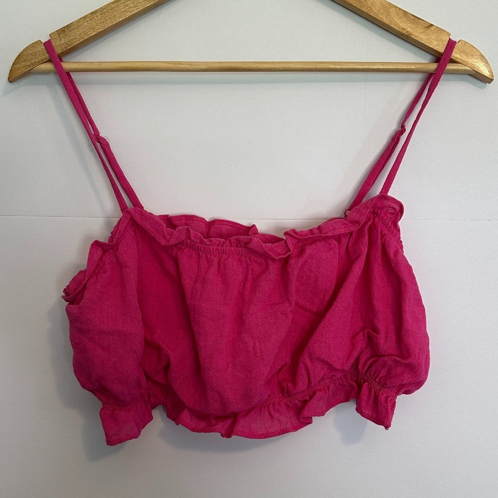 Lulus Crop Top Womens Large Hot Pink Ruffle Smocked Cami IBH24130S‎